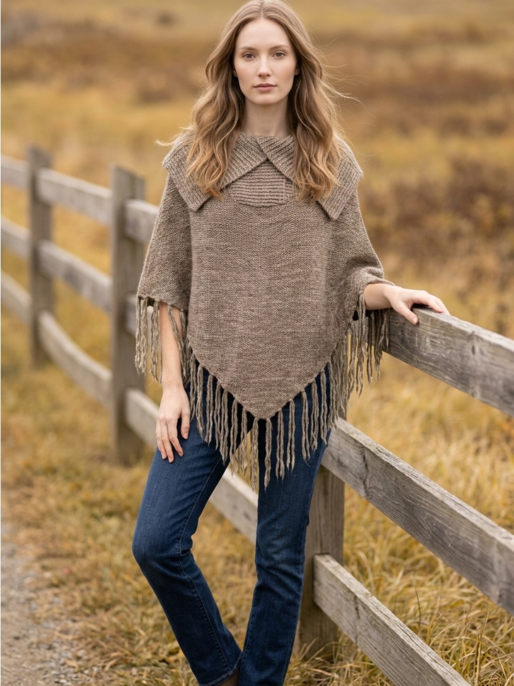 Fringed Taupe Knit Poncho with Folded Collar